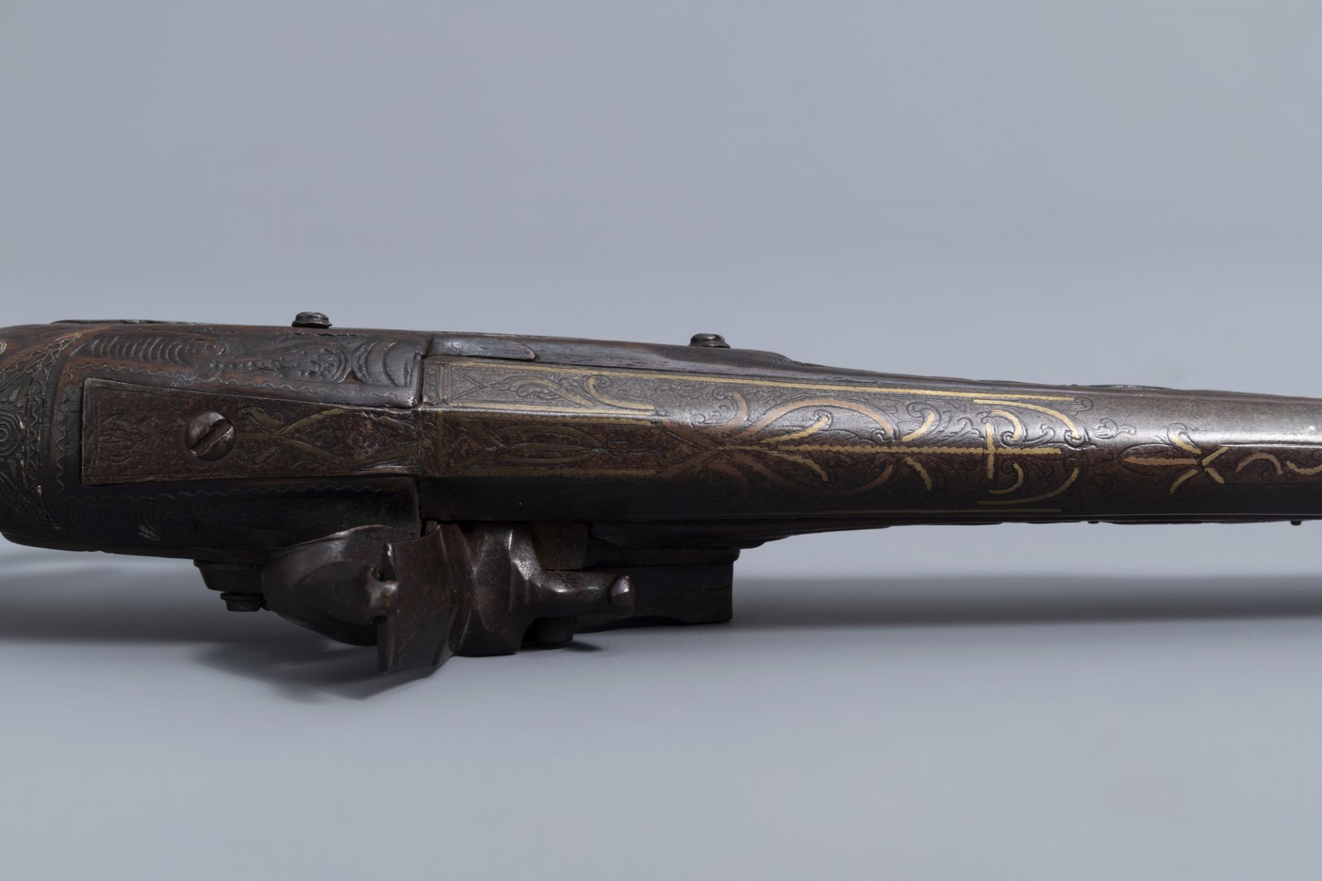 An Ottoman coral inlaid and silver mounted flintlock pistol, Algeria, 18th C. - Image 11 of 12