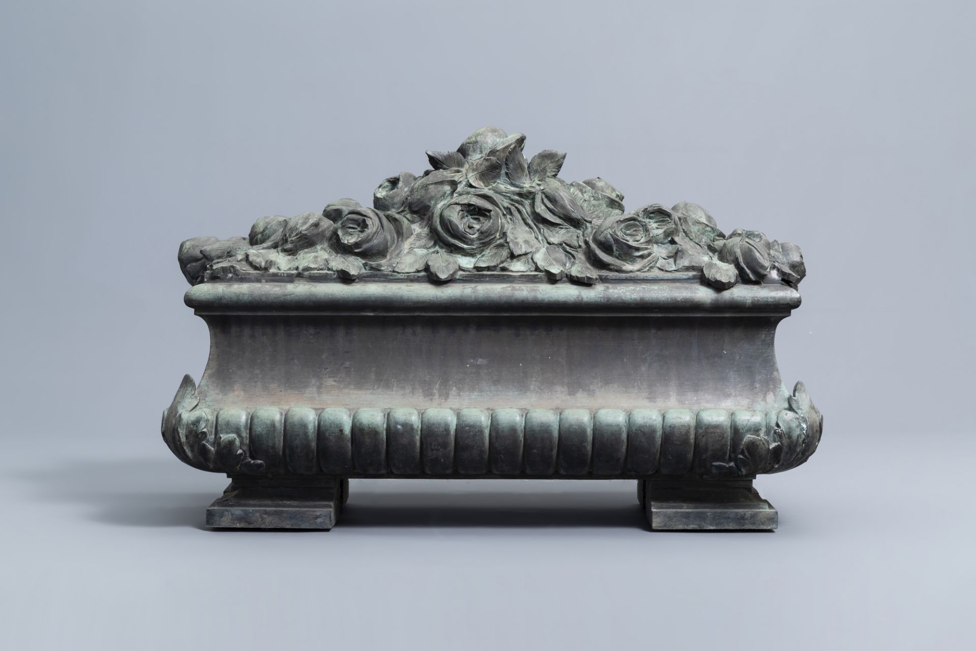 Jean Rabiant (19th/20th C.): A patinated metal garden ornament with floral design - Image 4 of 8