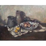 Jan Pierre Victor Van Looy (1882-1971): Still life with crockery, lemons and onions, oil on canvas