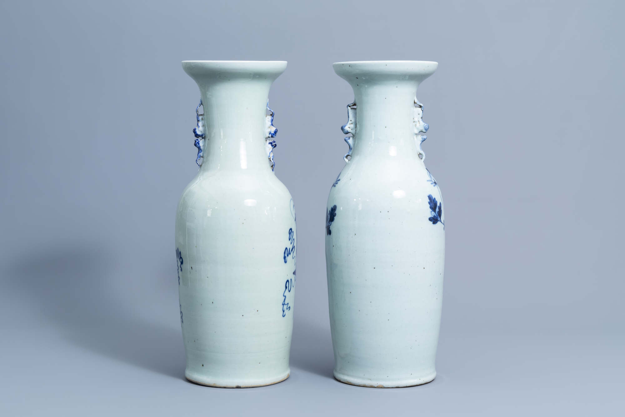 Two Chinese blue and white celadon ground vases with antiquities and phoenixes, 19th/20th C. - Image 3 of 6