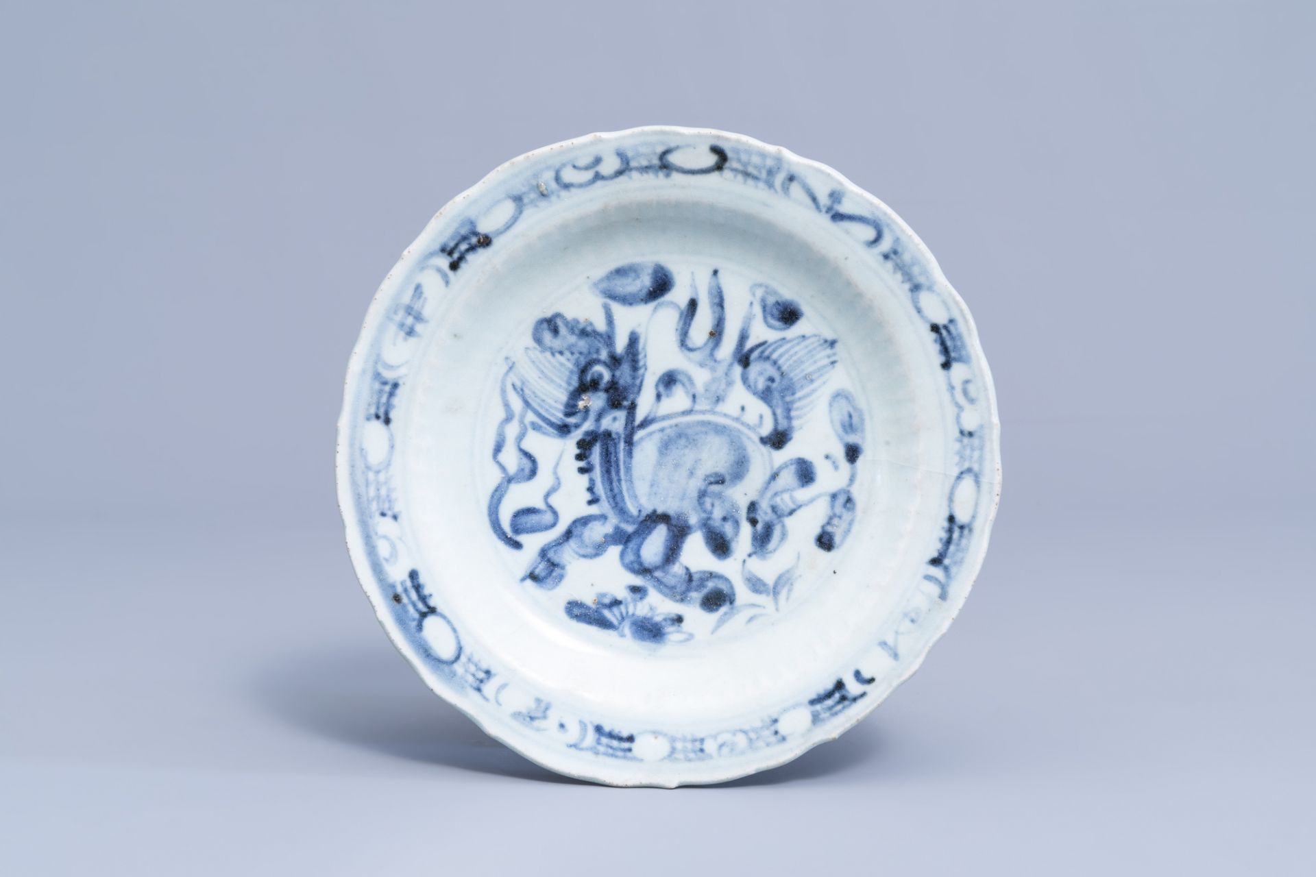 Two Chinese blue and white plates with a mythical creature, Ming - Image 2 of 6