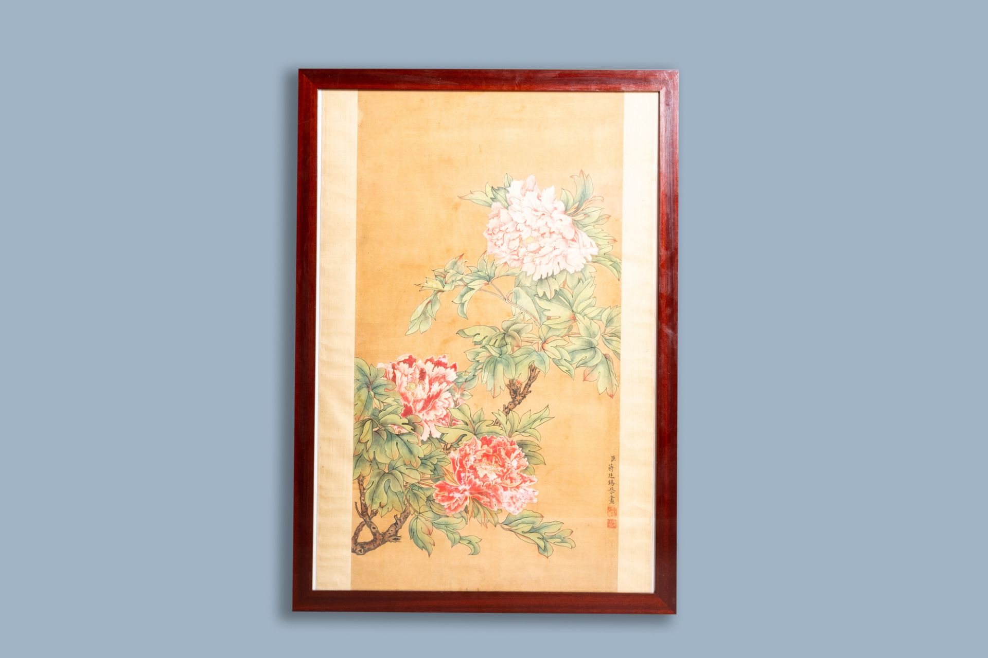 Chinese school, after Jiang Tingxi (1669-1732), ink and colours on paper: Peonies - Image 2 of 3