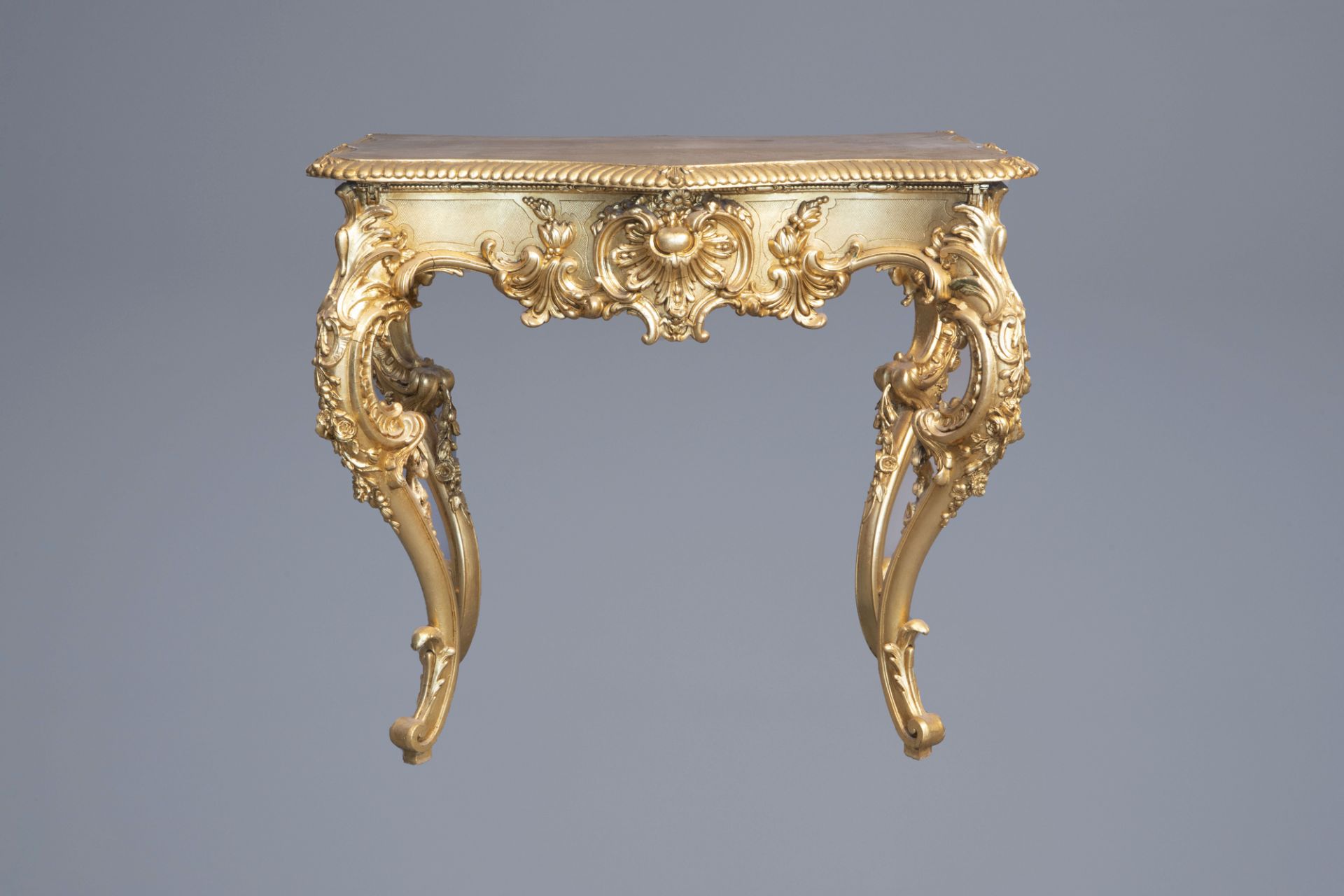 A lavish gilt Louis XV style coiffeuse with rosewood veneer inside, 19th C. - Image 6 of 9