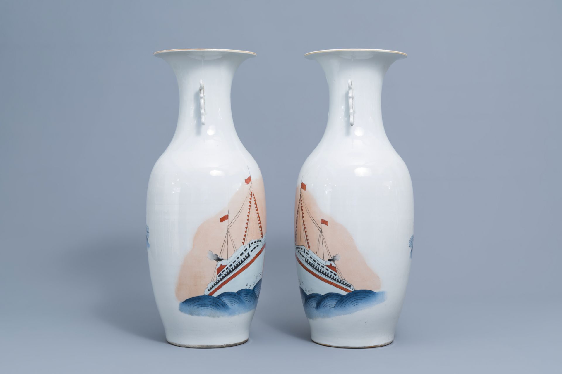 A pair of Chinese polychrome vases with a boat, 20th C. - Image 2 of 6