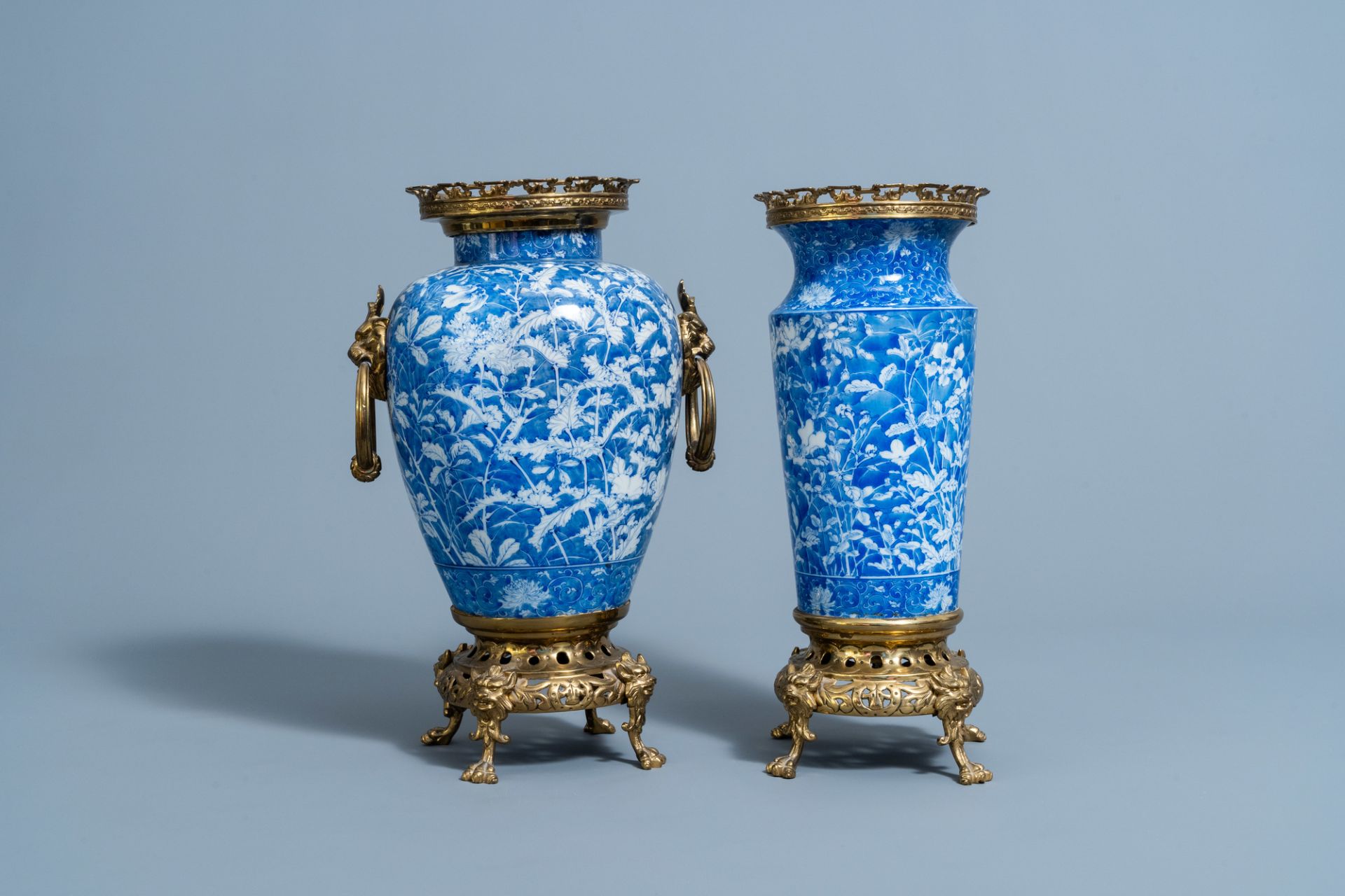 Two Japanese blue and white gilt brass mounted Arita vases, Meiji/Taisho, 20th C. - Image 4 of 7
