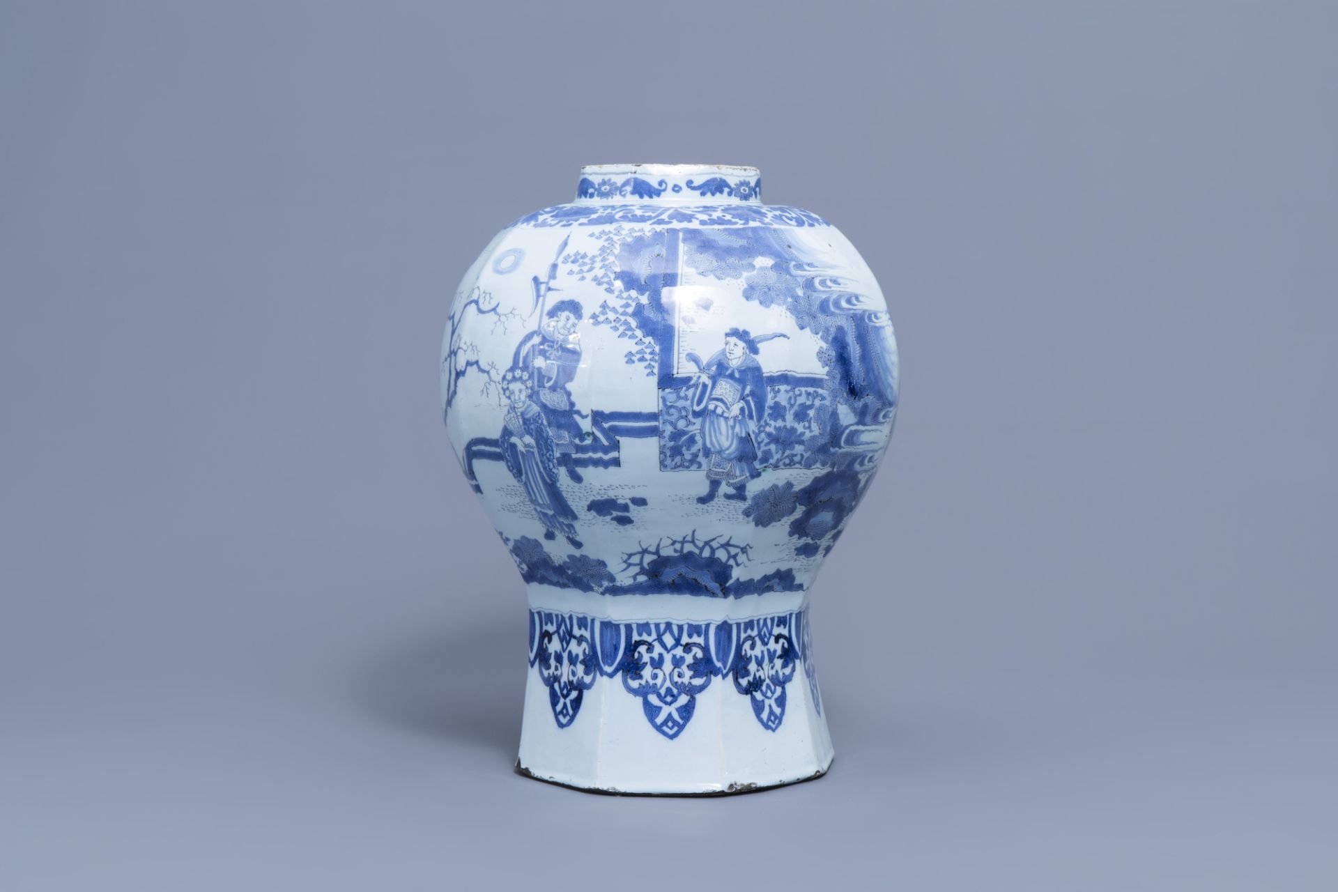 A large Dutch Delft blue and white 'chinoiserie' baluster vase, 17th C.