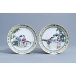 Two Chinese famille rose dishes with ladies on a terrace, Qianlong mark, 20th C.