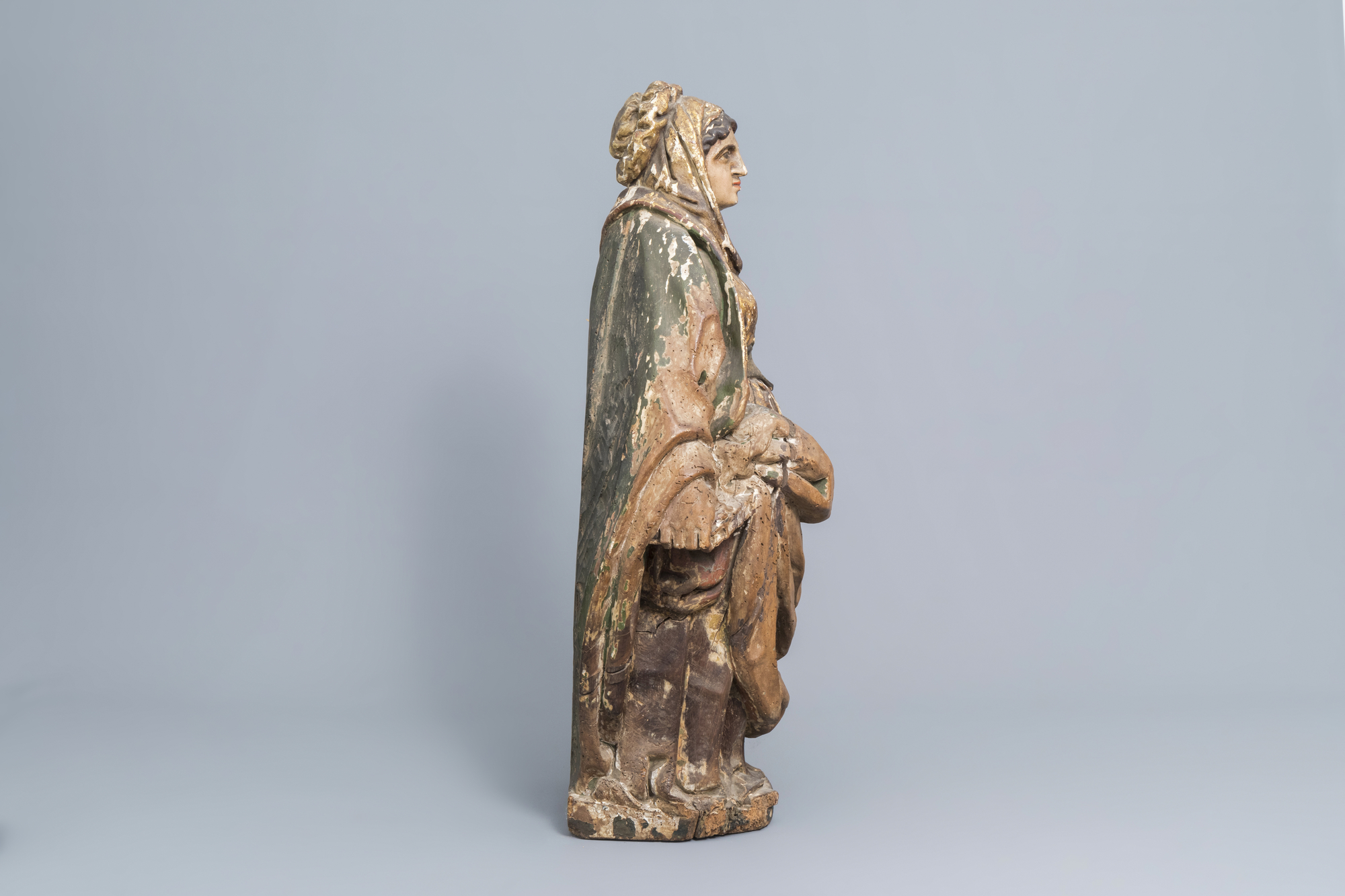 A Southern European carved, gilt and polychrome painted wooden figure, possibly Saint Barbara, 18th - Image 3 of 7