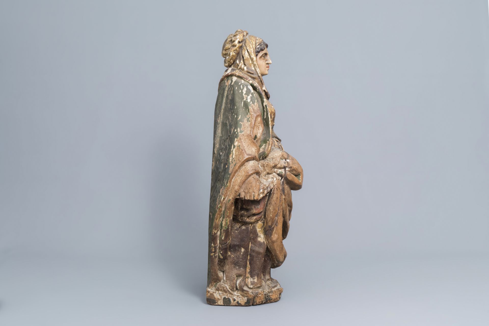 A Southern European carved, gilt and polychrome painted wooden figure, possibly Saint Barbara, 18th - Image 3 of 7