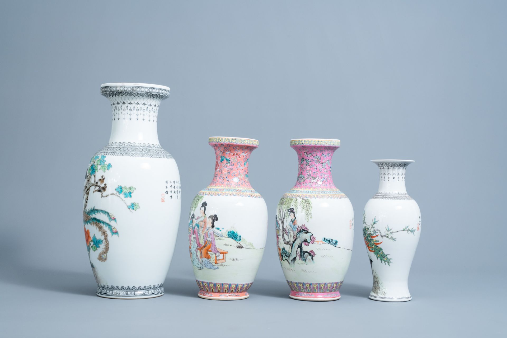 Four various Chinese famille rose vases and a 'dragons' umbrella stand, 20th C. - Image 9 of 13