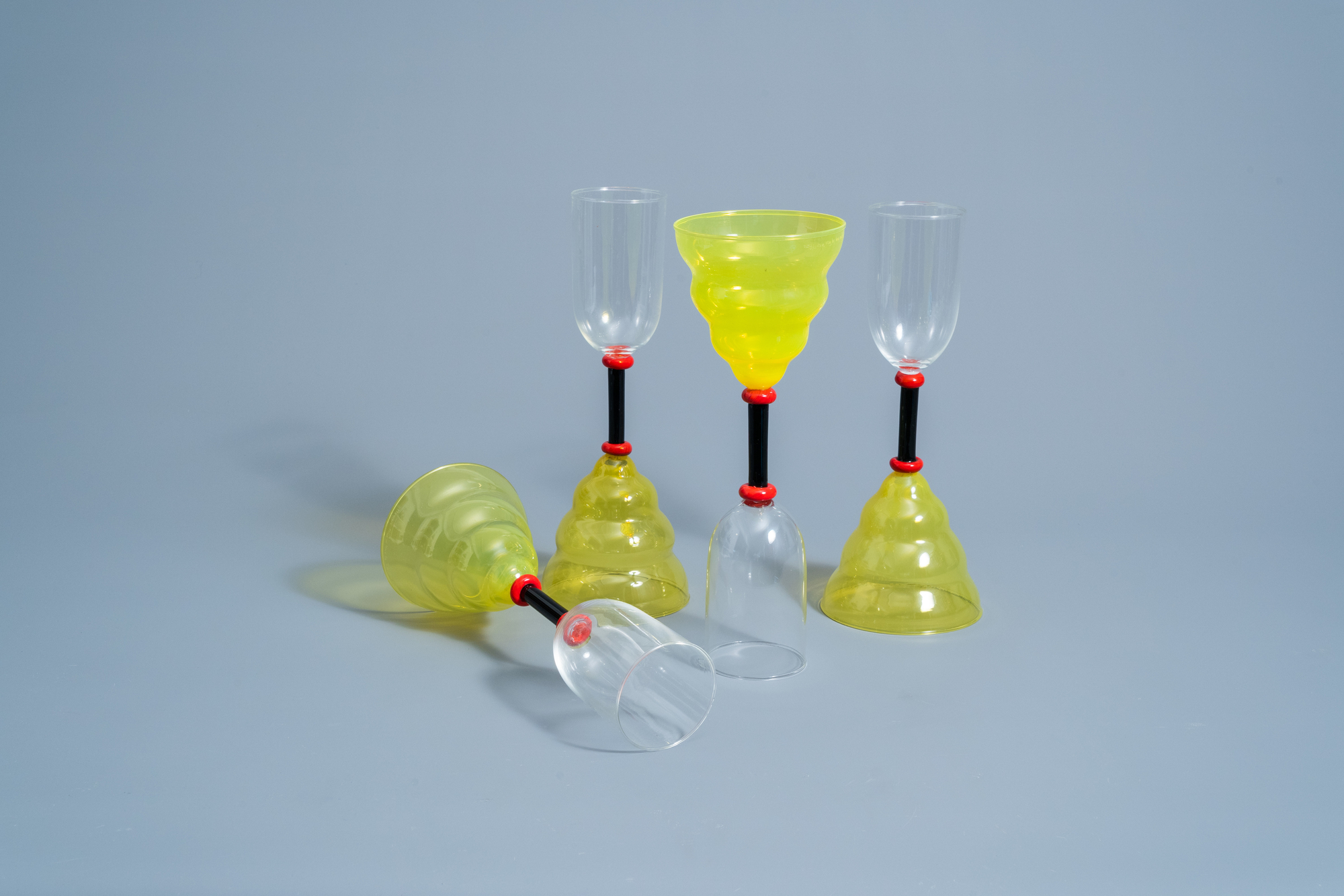 Marco Zanini (1954): Four 'Vega' Murano glass glasses for Memphis Milano by Toso Vetri d'Arte, [1982