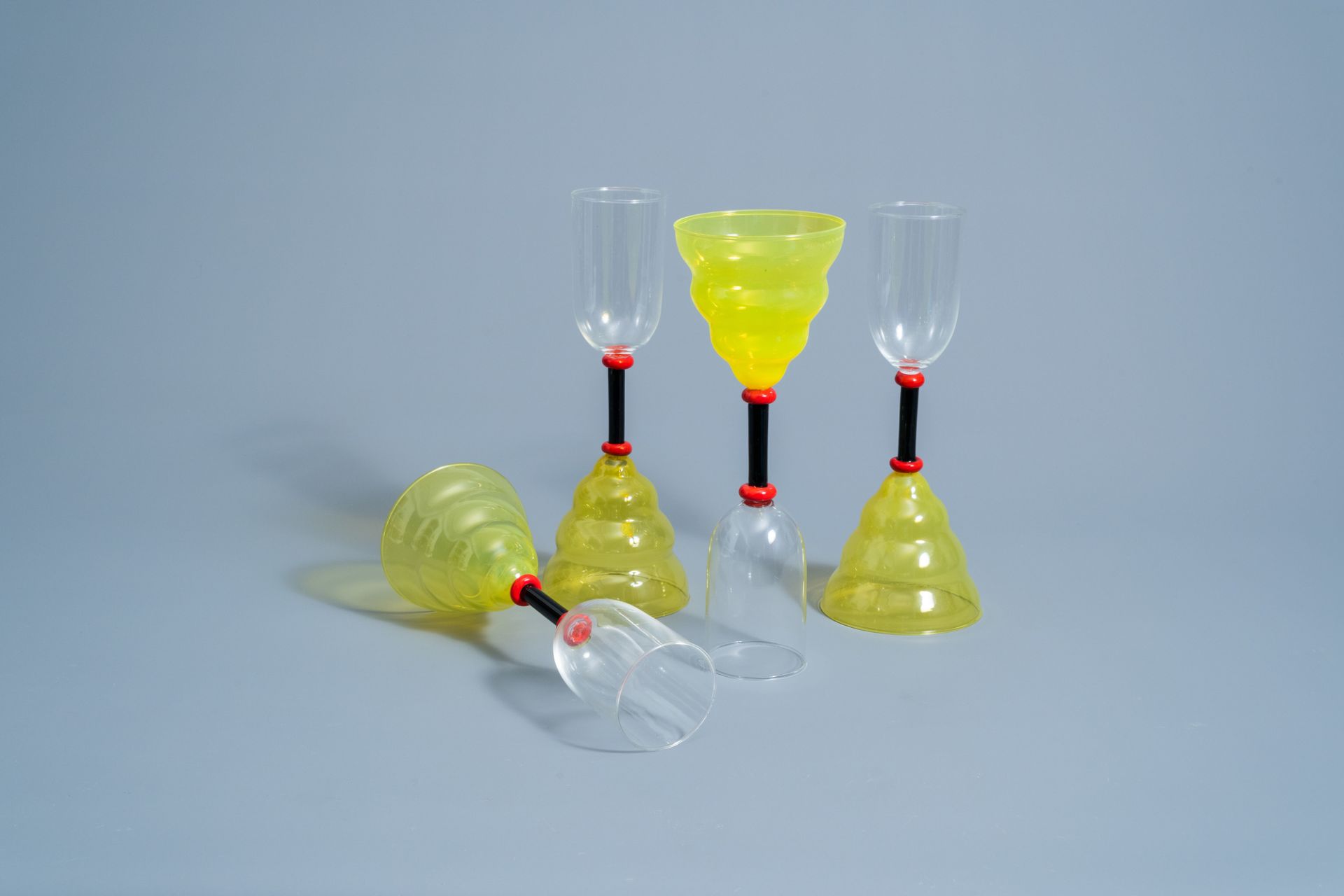 Marco Zanini (1954): Four 'Vega' Murano glass glasses for Memphis Milano by Toso Vetri d'Arte, [1982