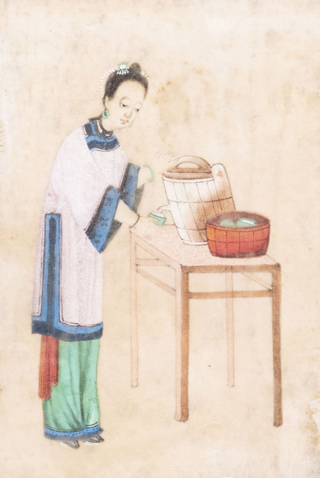 Chinese school, ink and colours on pith paper, 19th C.: Eight works depicting the tea production - Image 10 of 20