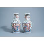 A pair of Chinese famille rose vases with palace scenes and floral design, 19th C.