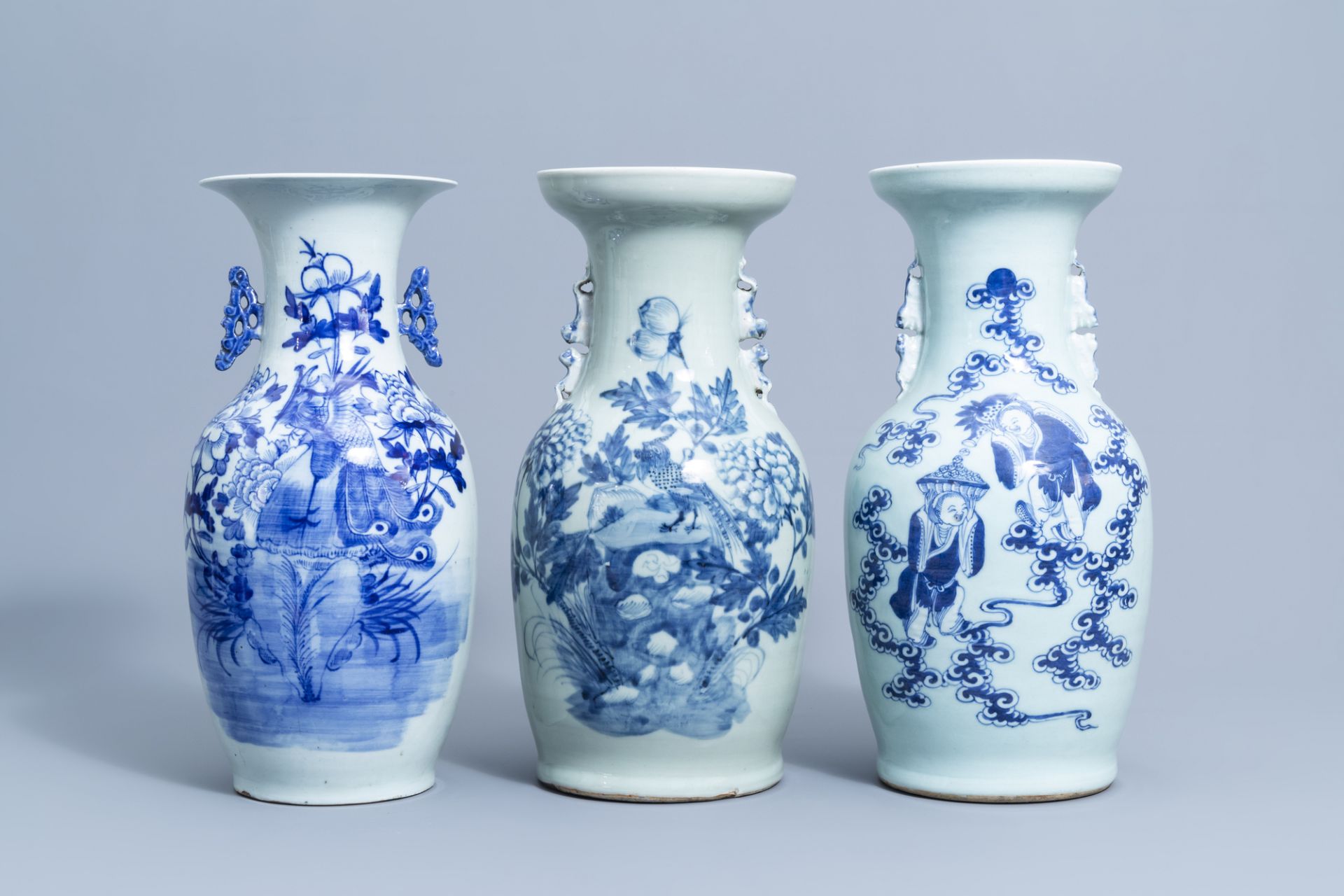 Three various Chinese blue and white celadon ground vases, 19th/20th C. - Image 2 of 7