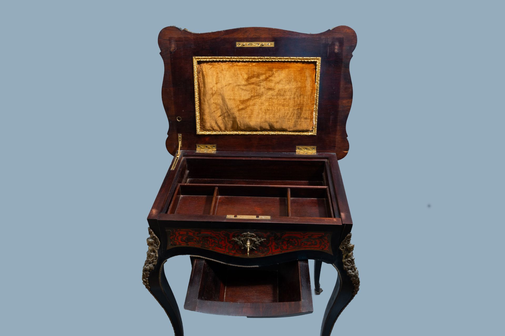 A French Historicism gilt mounted and brass marquetry sewing table, L. Grade F. - R(ue) Castex 9, 19 - Image 11 of 13