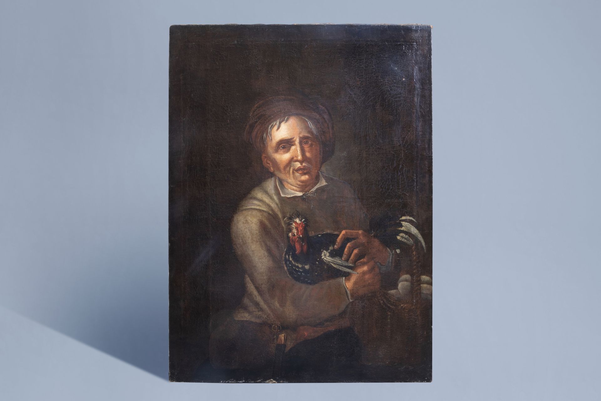 French school: A man with a chicken, oil on canvas, 18th C. - Image 2 of 5