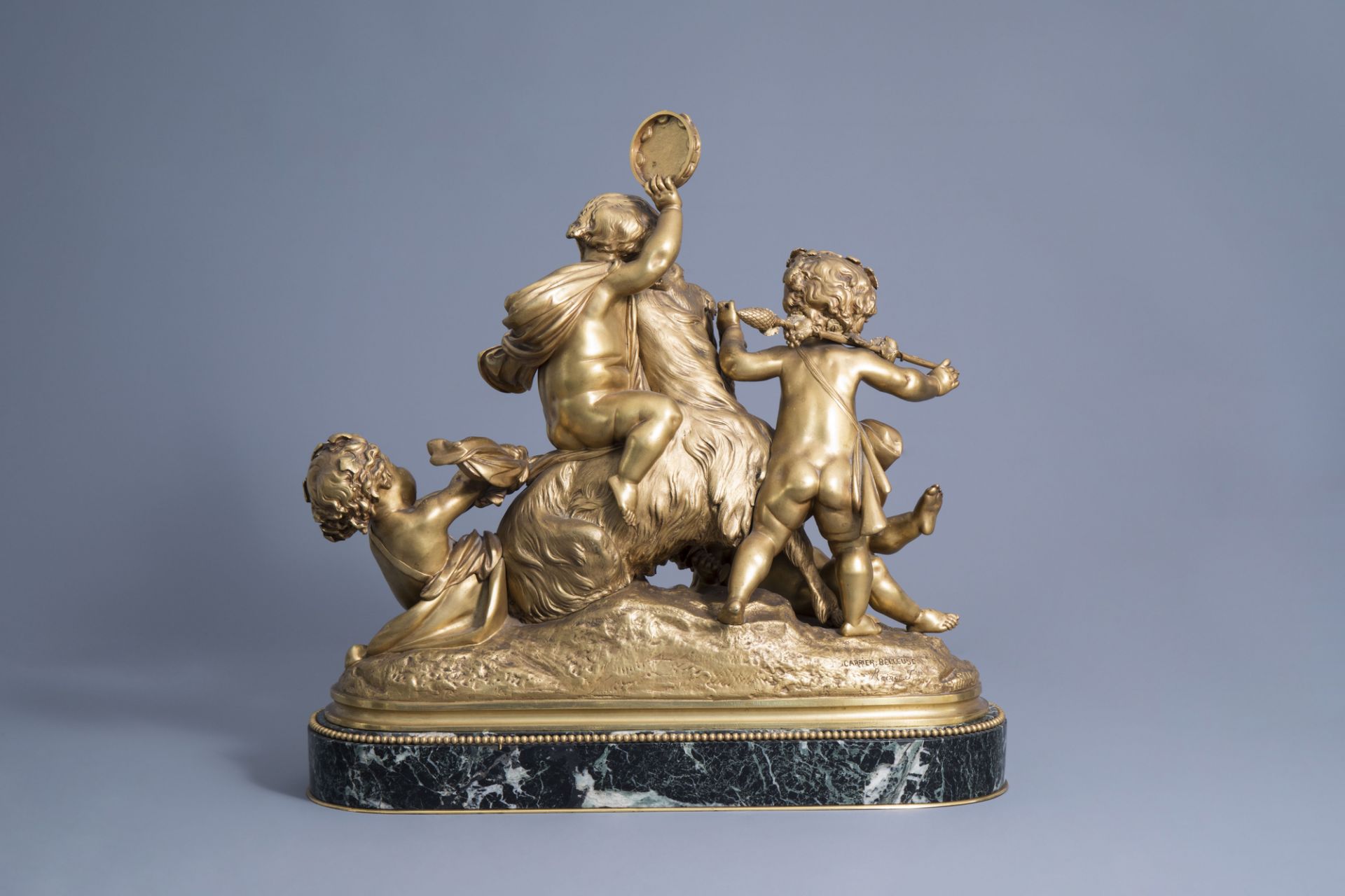 Albert-Ernest Carrier-Belleuse (1824-1887): Four putti making merry, gilt bronze on a vert de mer ma - Image 4 of 8