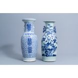 A Chinese blue and white celadon vase with birds & a blue and white 'Shou' vase, 19th/20th C.