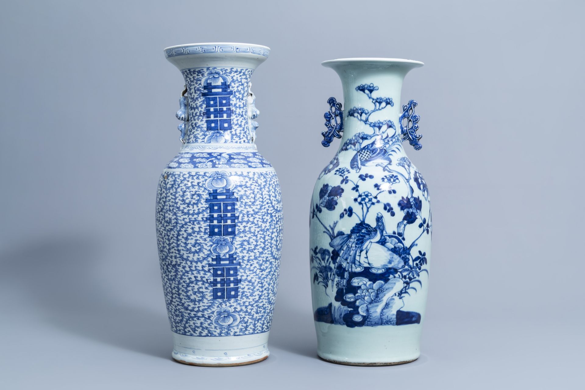 A Chinese blue and white celadon vase with birds & a blue and white 'Shou' vase, 19th/20th C.