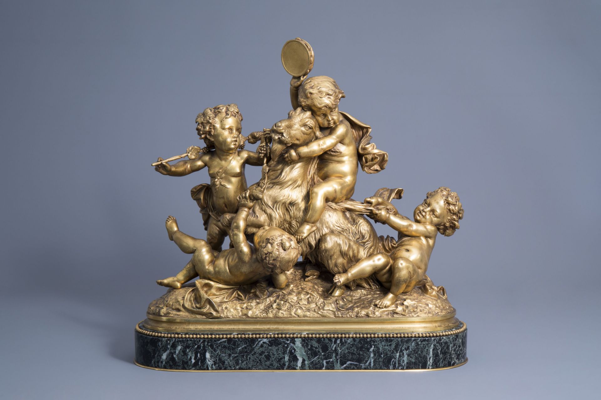 Albert-Ernest Carrier-Belleuse (1824-1887): Four putti making merry, gilt bronze on a vert de mer ma - Image 2 of 8