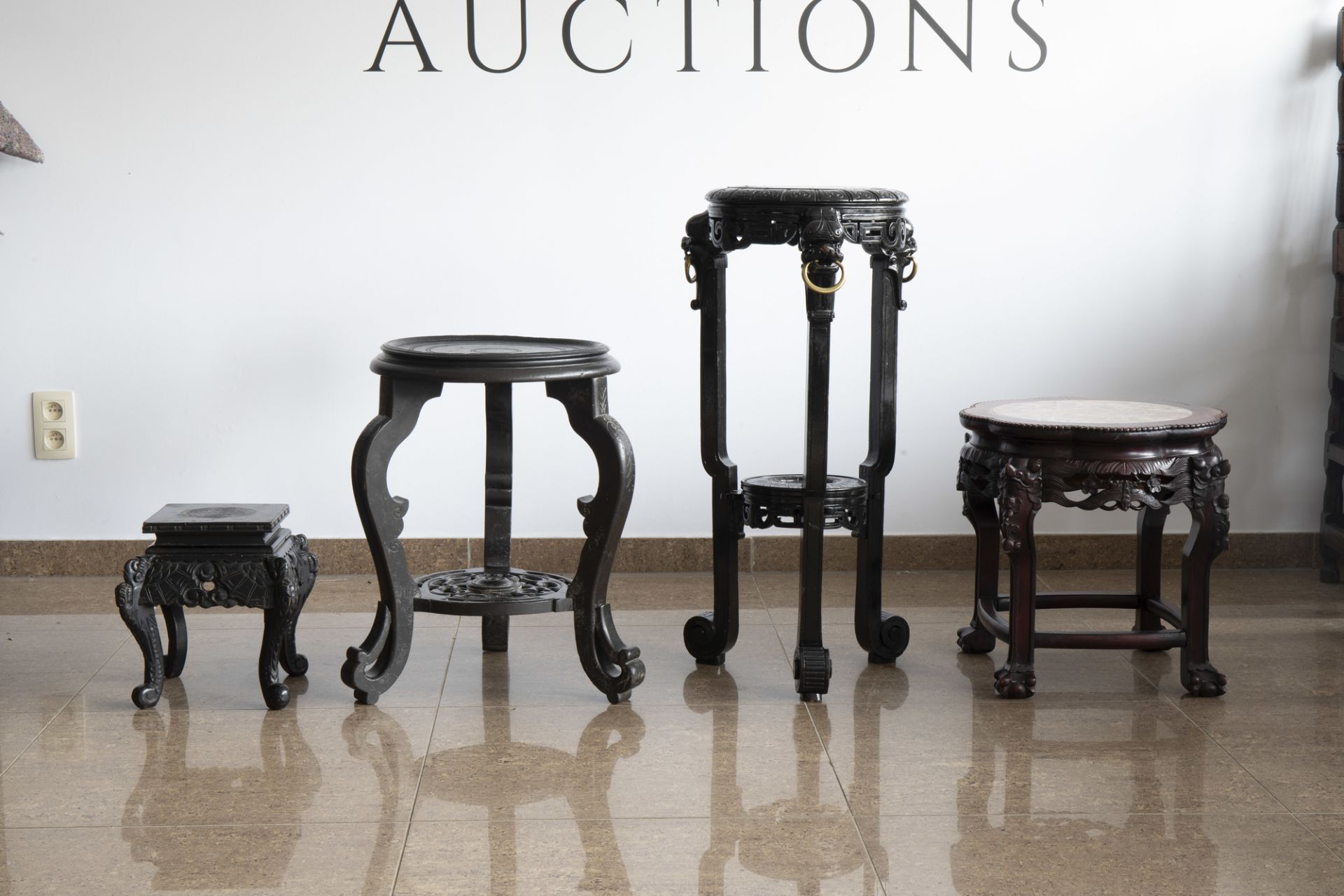 Four Chinese wood stands, one with a marble top, 20th C. - Image 2 of 7