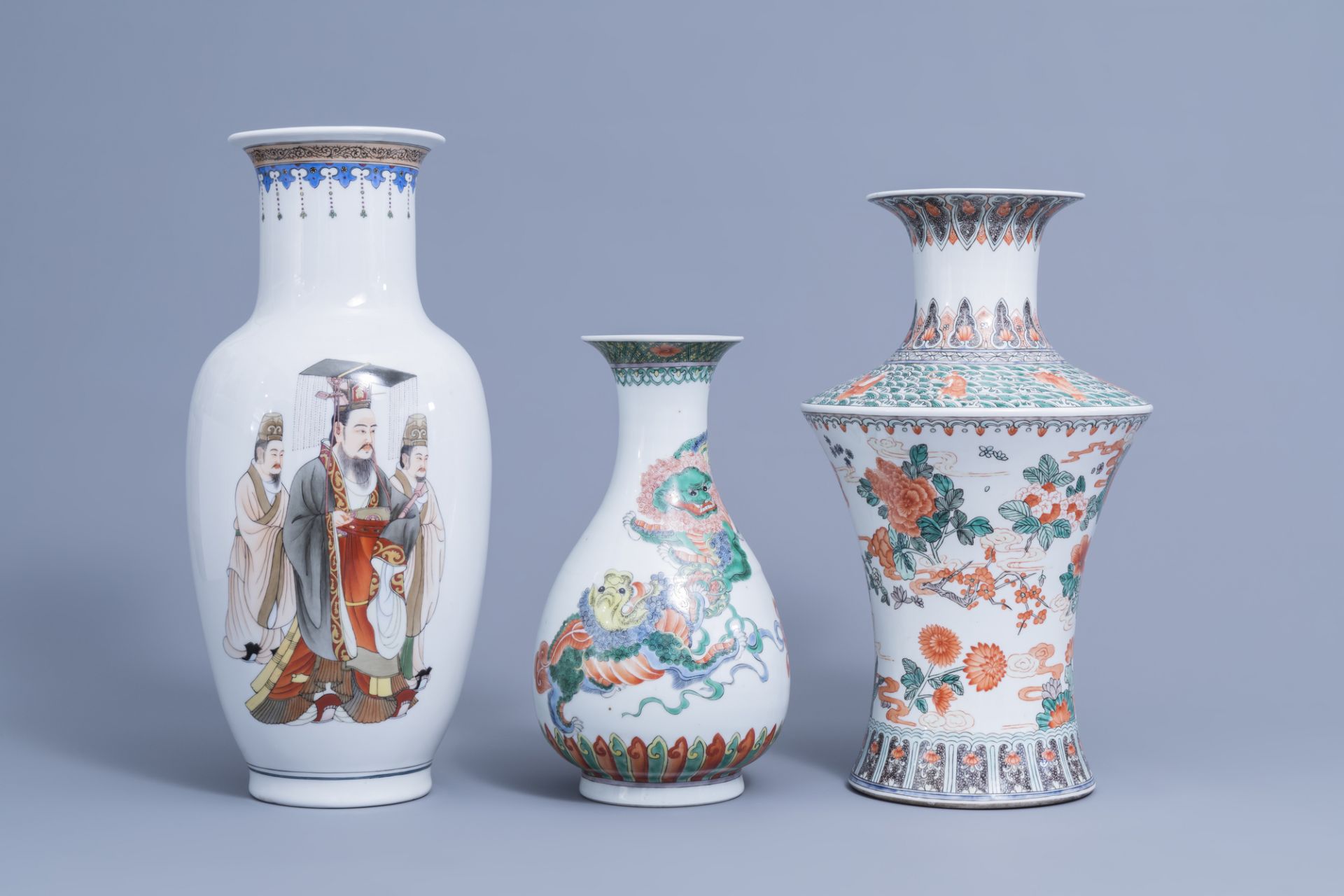 Three various Chinese famille verte and polychrome vases, 20th C.