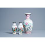 A pair of Chinese famille rose vases and a vase with floral design, 20th C.