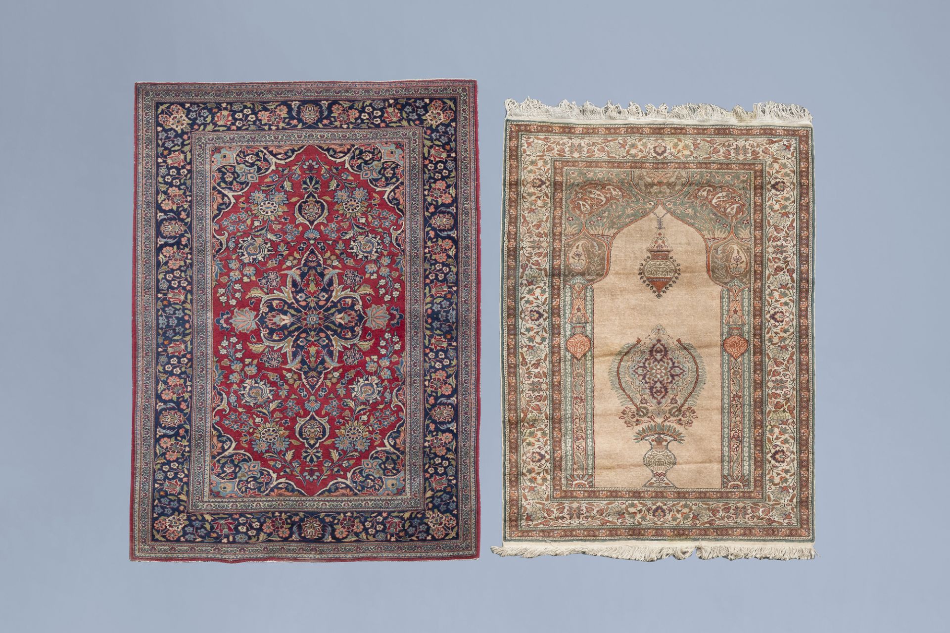 A Persian Mashad rug and a Turkish Kayseri rug with floral design, wool and wool and silk on cotton,