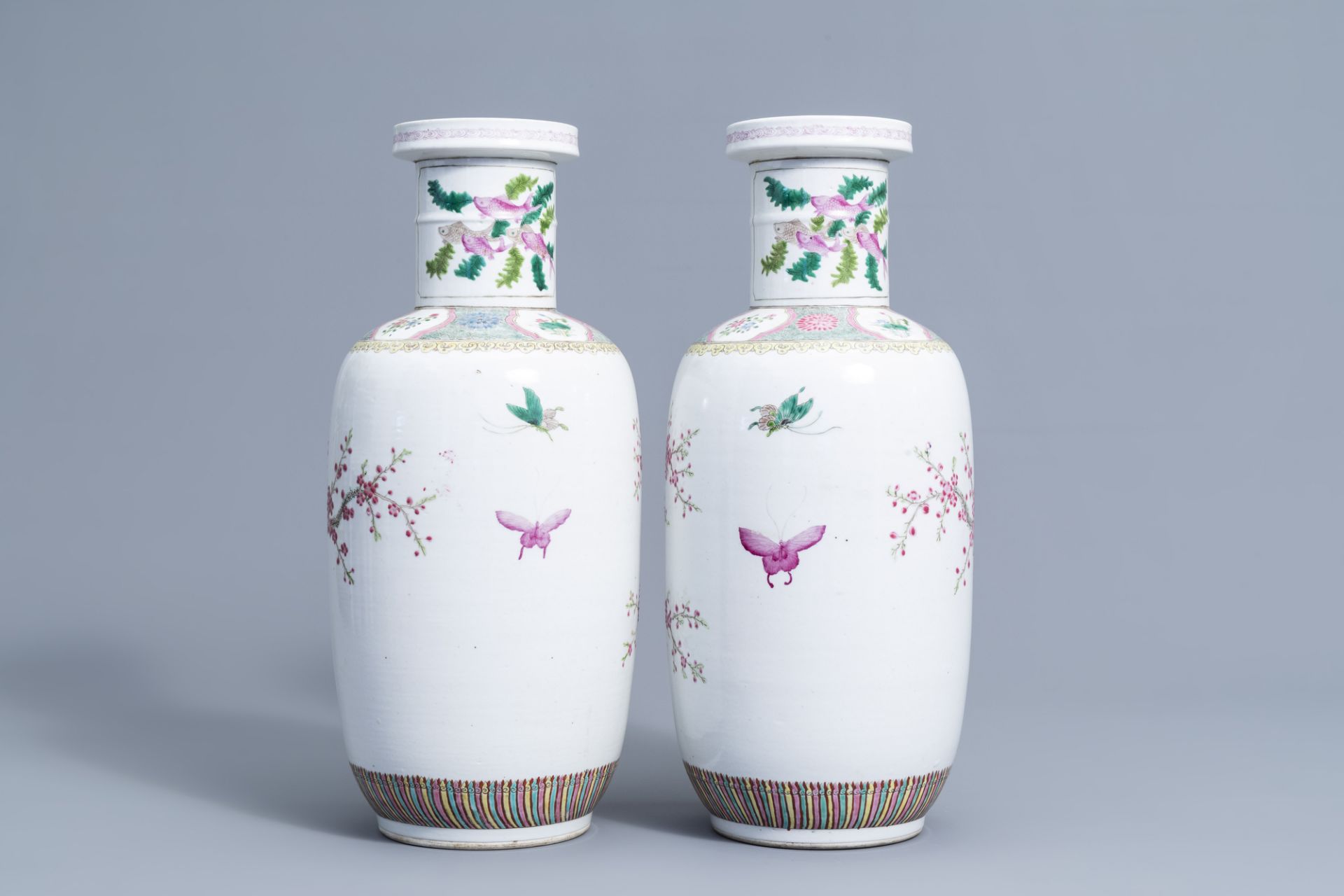 A pair of Chinese famille rose vases with birds among blossoming branches, 20th C. - Image 3 of 6