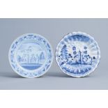 Two German blue and white plates with a landscape and a biblical scene, Ansbach and Nuremberg, 18th