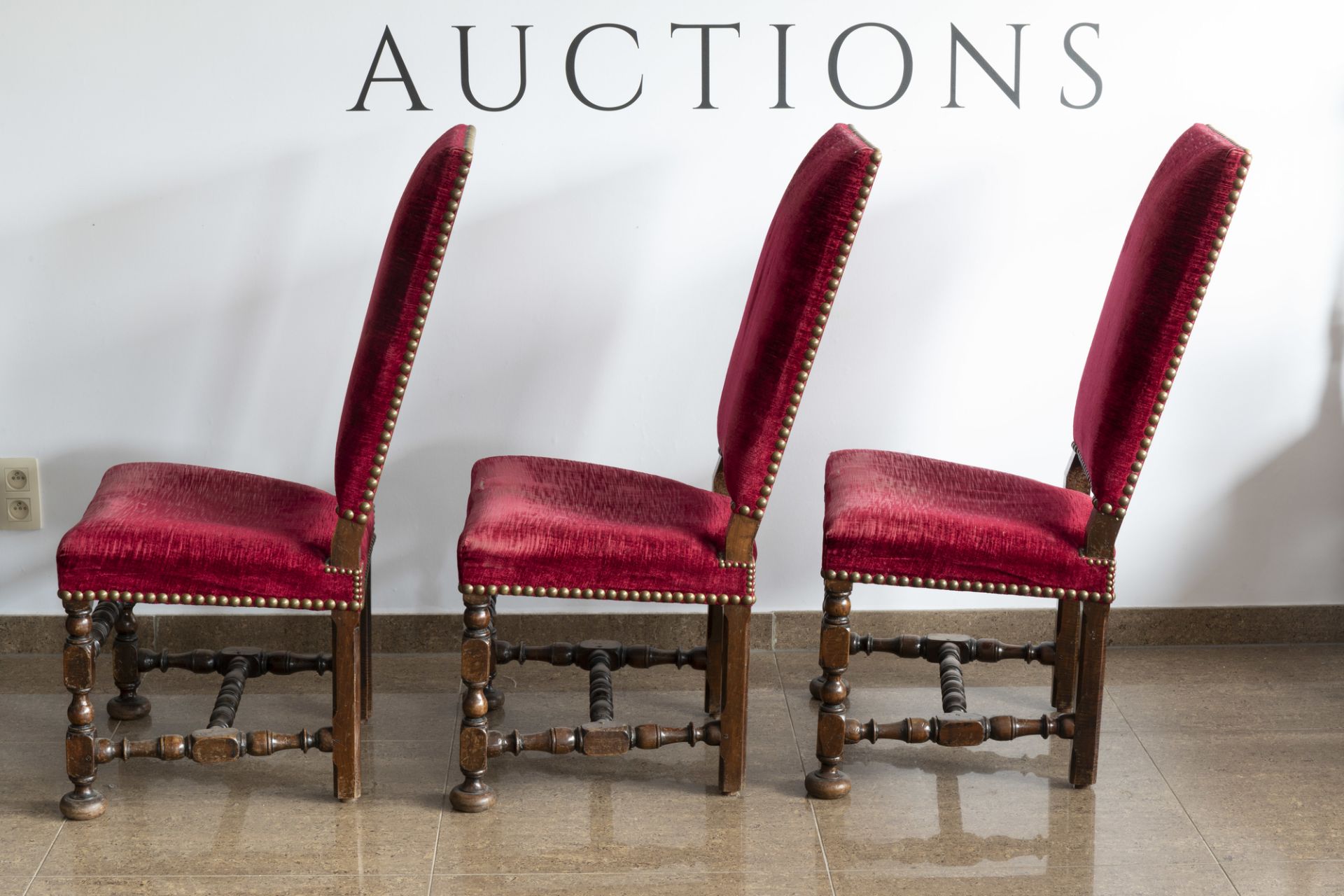 Six Dutch wooden chairs with red velvet upholstery, mainly 19th C. - Image 11 of 13