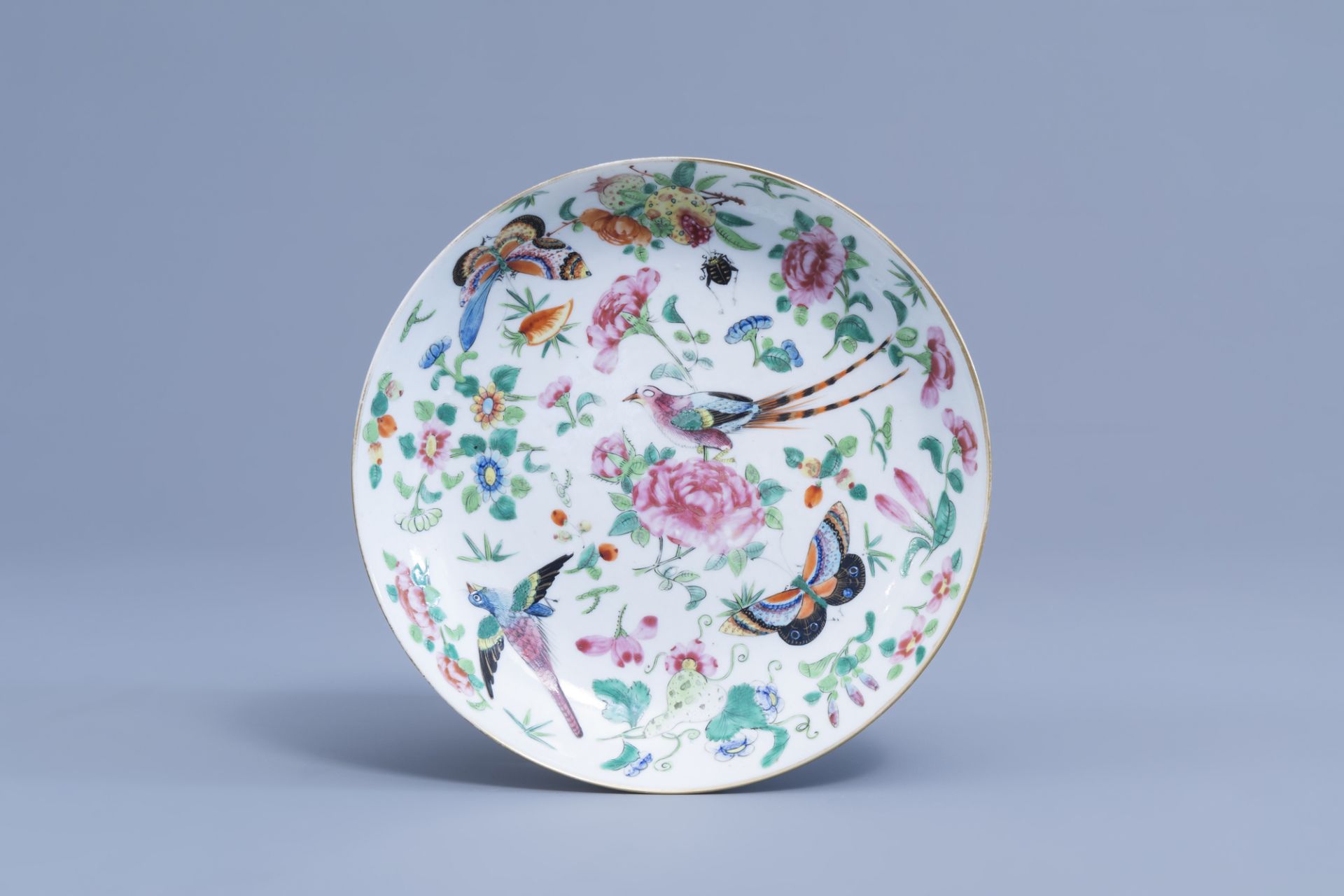A Chinese Canton famille rose bowl and cover and a dish with birds, butterflies and insects among bl - Image 2 of 9