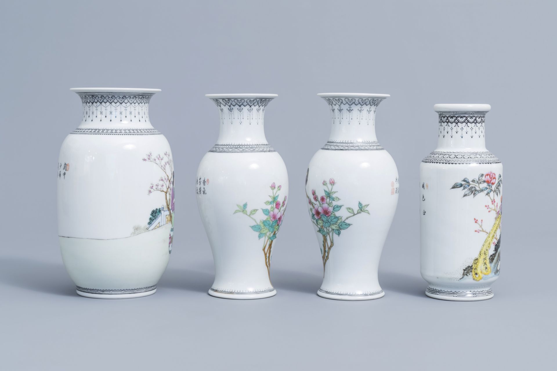Six various Chinese famille rose vases and a famille verte 'scholars' brush pot, 20th C. - Image 3 of 13