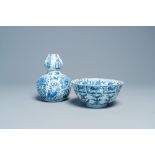 A Chinese blue and white 'flying horses' bowl and a double gourd vase, Wanli