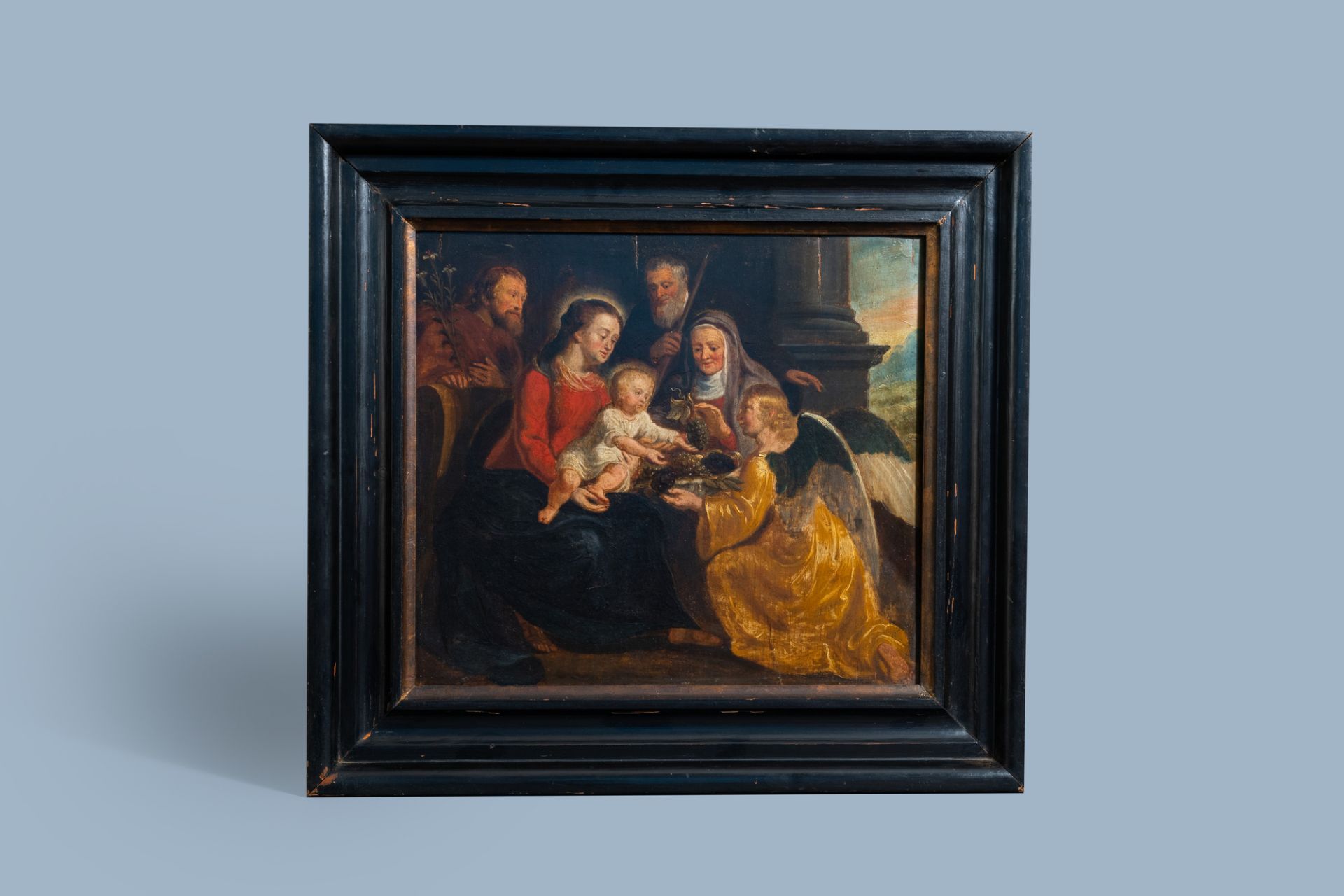 Flemish school: The Holy Family with Saints Anne and Joachim and an angel, oil on panel, 17th C. - Image 2 of 5