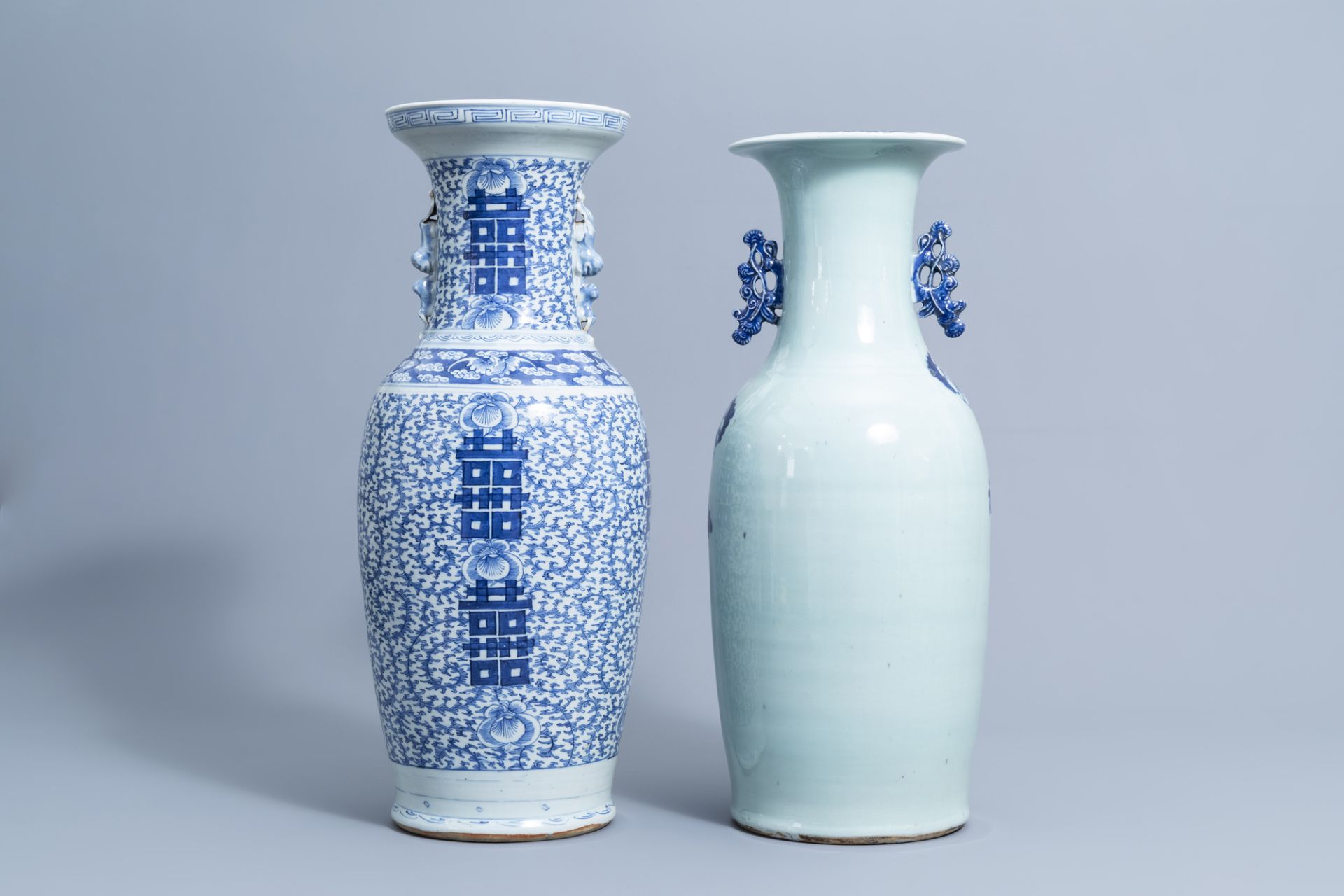 A Chinese blue and white celadon vase with birds & a blue and white 'Shou' vase, 19th/20th C. - Image 3 of 6
