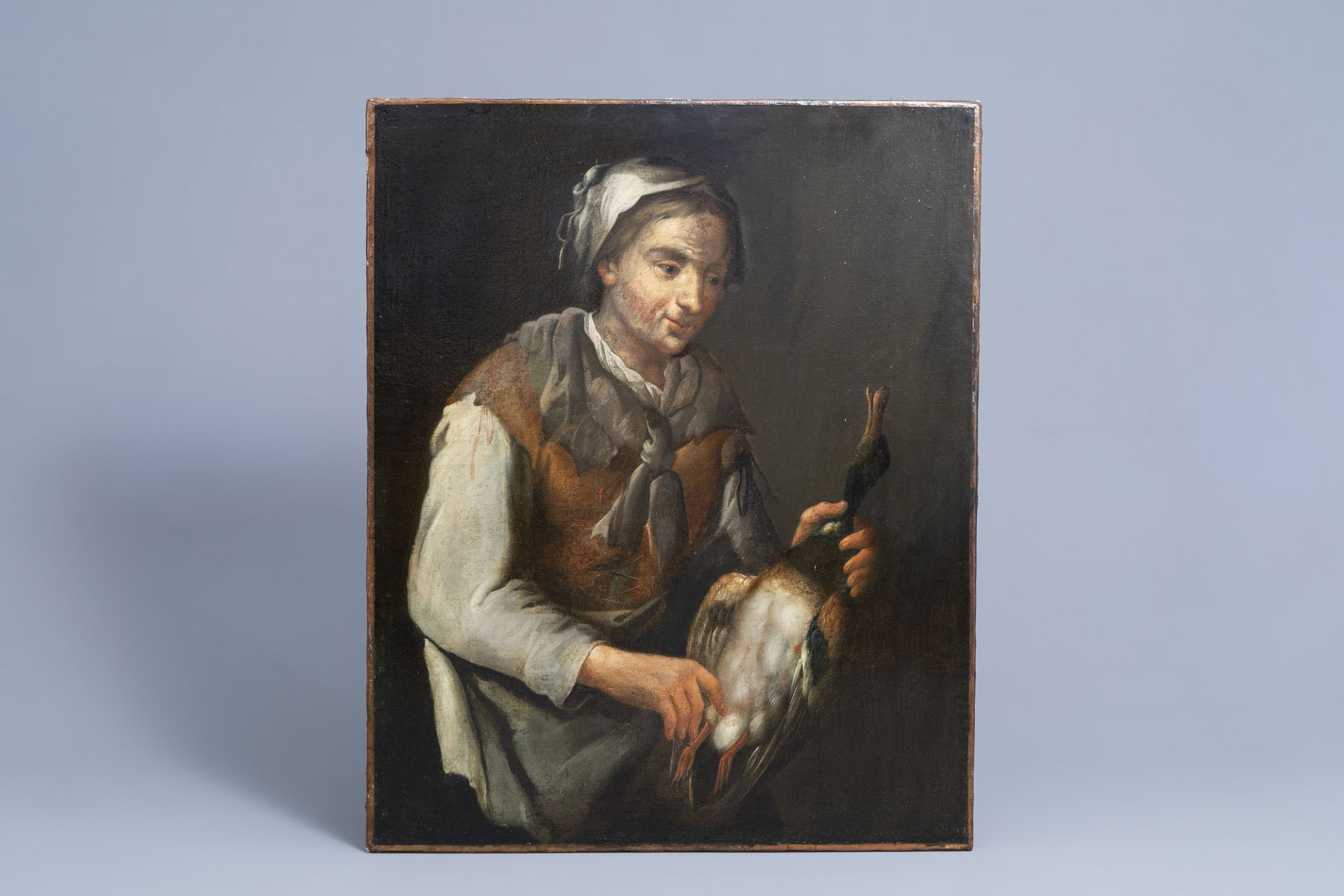 French school: A lady with a duck, oil on canvas, 18th C. - Image 2 of 5