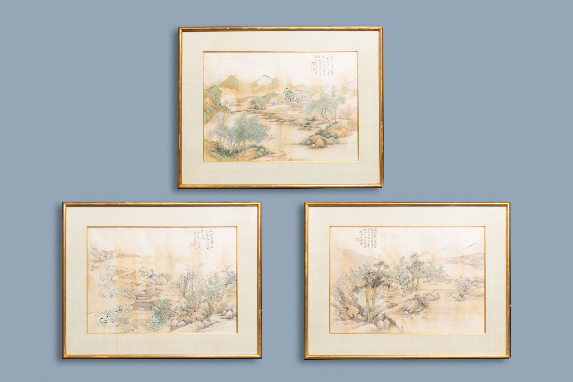 Chinese school, ink and colour on silk, 20th C.: Three landscape views