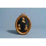 A French red copper plaque with three gilt profile busts of Napoleon Bonaparte, Louis XVI and Marie-