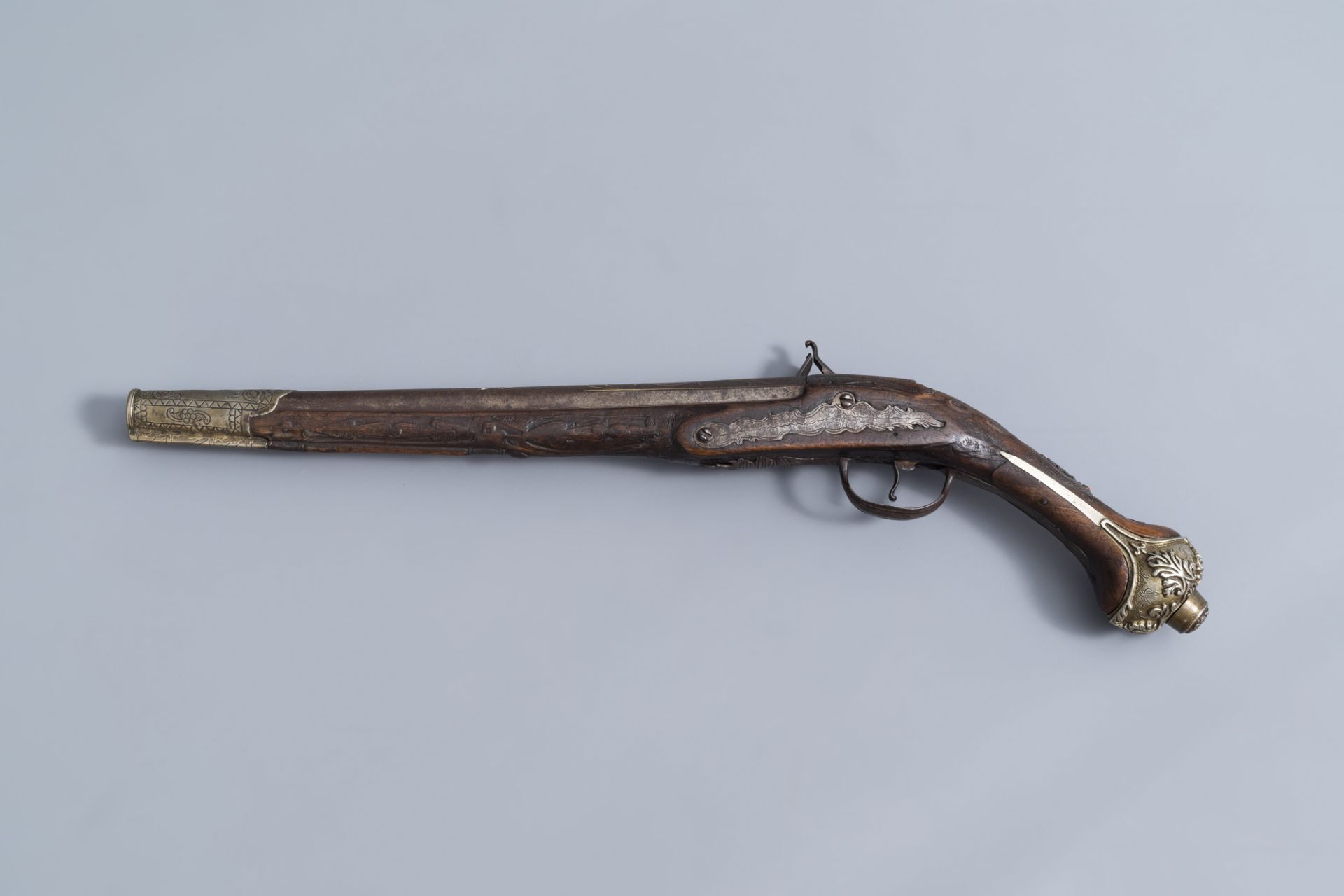 An Ottoman coral inlaid and silver mounted flintlock pistol, Algeria, 18th C. - Image 2 of 12