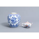 A Chinese blue and white jar and a verte-Imari teapot and cover with floral design, Kangxi and later