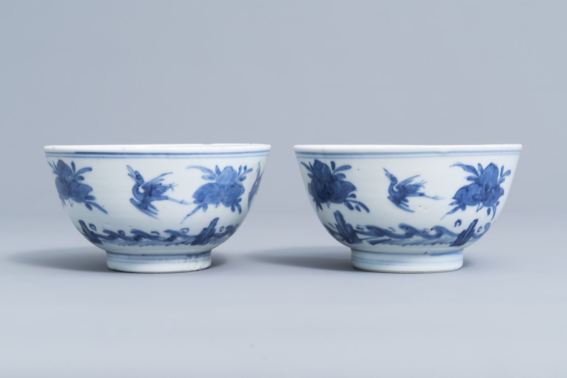 Two Chinese blue and white bowls with cranes and peaches, Ming - Image 5 of 7