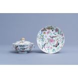 A Chinese Canton famille rose bowl and cover and a dish with birds, butterflies and insects among bl