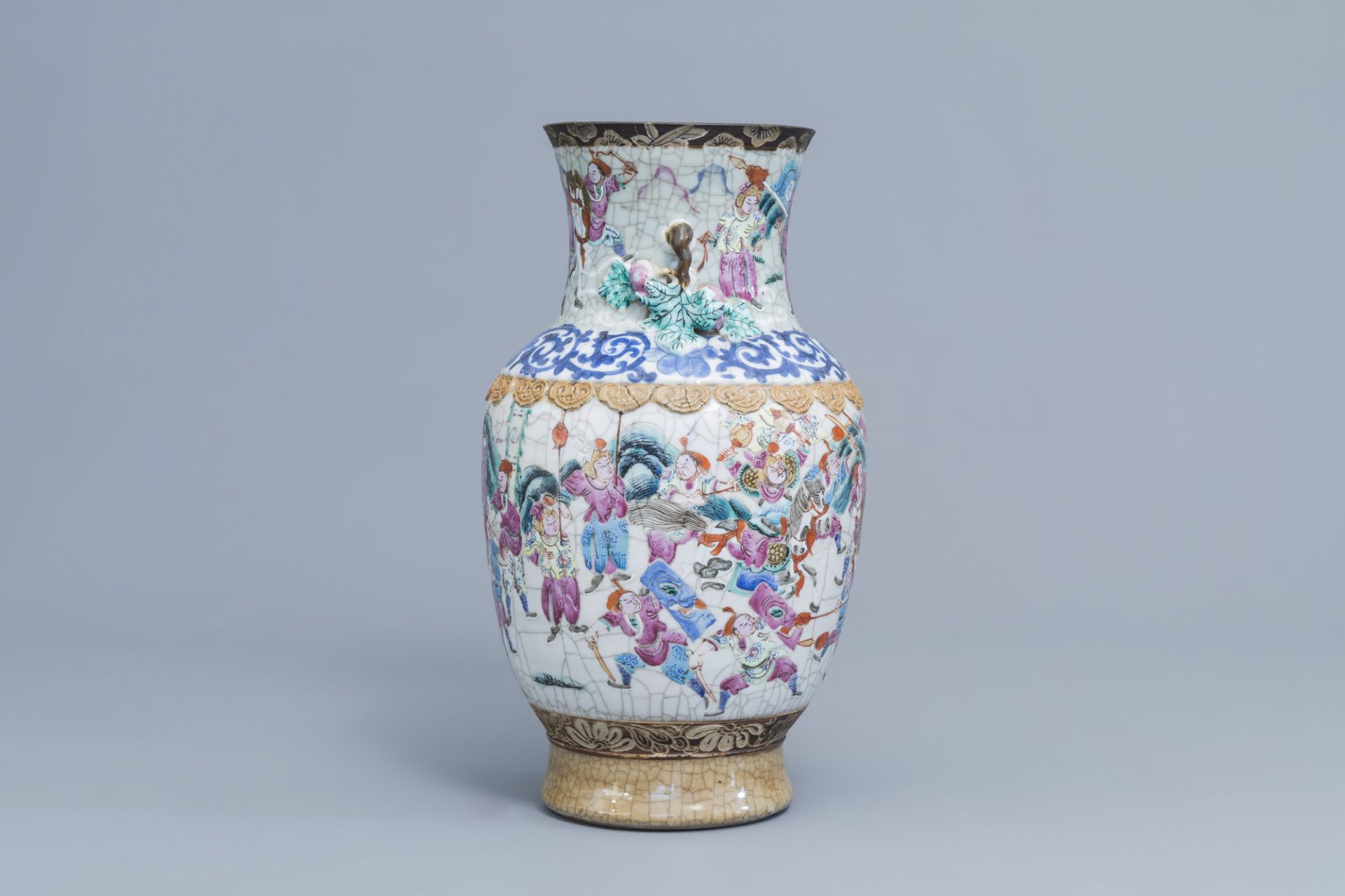 A Chinese Nanking crackle glazed famille rose 'warrior' vase, 19th C. - Image 2 of 6