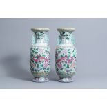 A pair of Chinese famille rose celadon ground 'dragon' vases, 19th C.