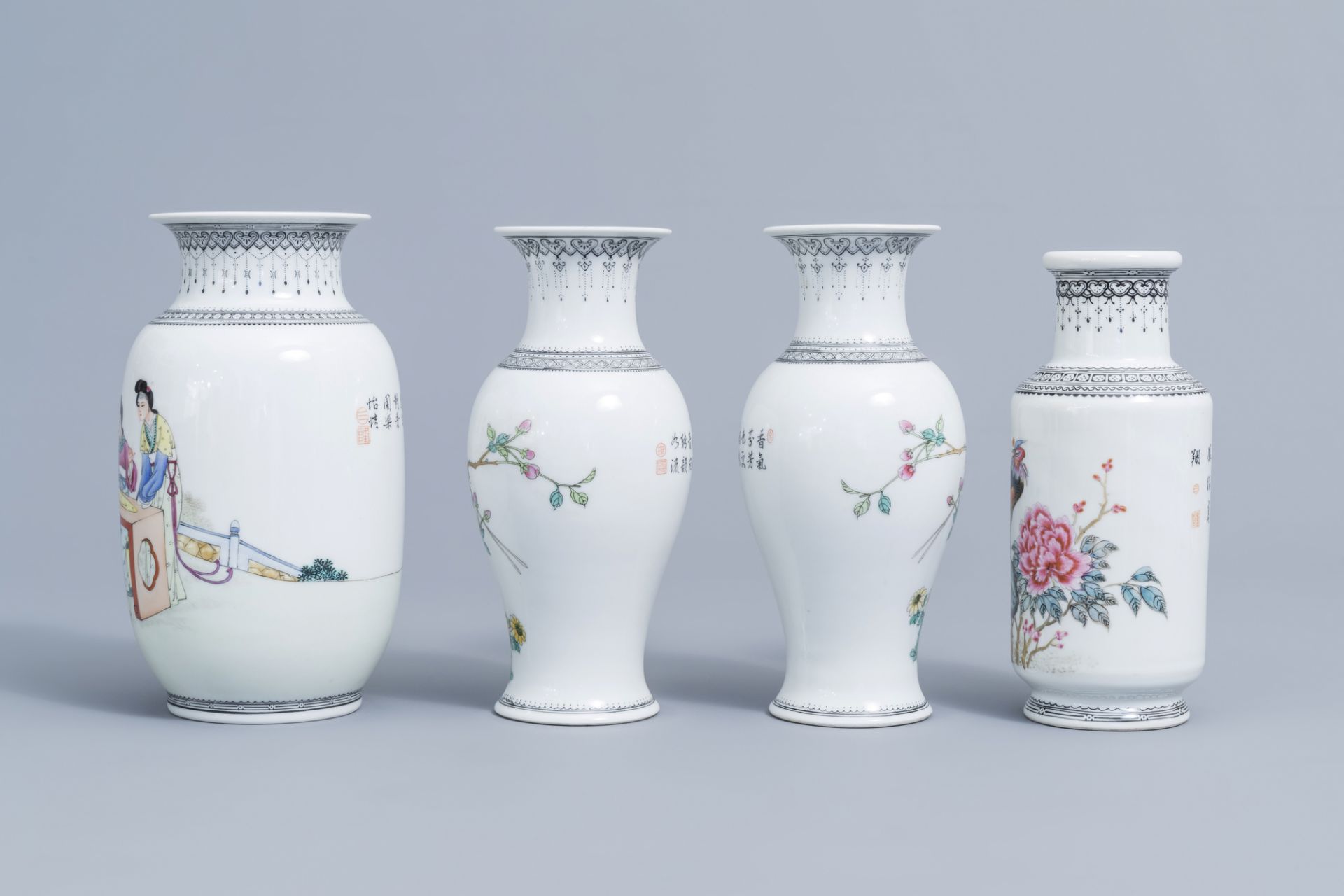 Six various Chinese famille rose vases and a famille verte 'scholars' brush pot, 20th C. - Image 5 of 13