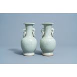 A pair of Chinese monochrome celadon crackle glazed vases, 19th C.