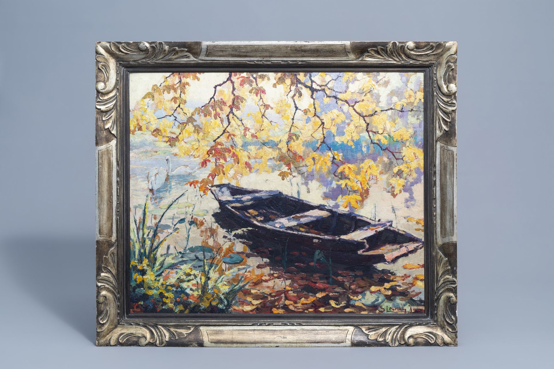 Jean Stevan (1896-1962): Sunlit riverbank with a sloop, oil on board - Image 2 of 5