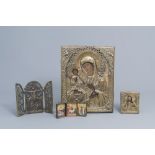 Two Russian icons with copper oklad or riza and two travel icons, 19th/20th C.